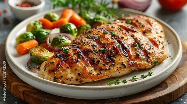 Fototapeta Delicious grilled chicken steak served with baked vegetables and herbs in plate