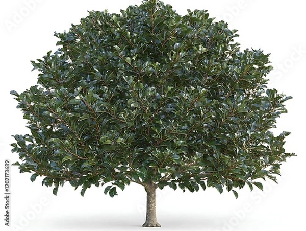 Fototapeta A fig tree with a sturdy trunk and expansive green leaves, standing prominently against a plain white background
