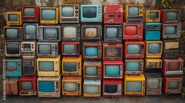 Fototapeta Vintage Televisions Wall: A Retrospection of Broadcast History