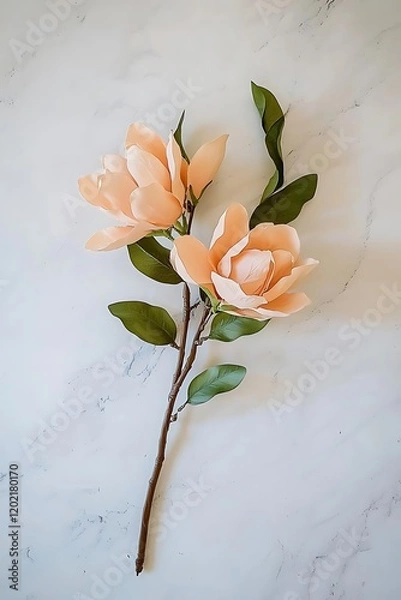 Fototapeta A single magnolia tree in full bloom with soft pink flowers and a balanced shape, isolated on a clean white canvas