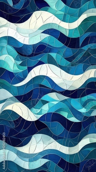 Fototapeta Abstract blue waves pattern with stained glass effect. Ideal for backgrounds, textiles, or decorative art. Evokes calmness and ocean vibes.