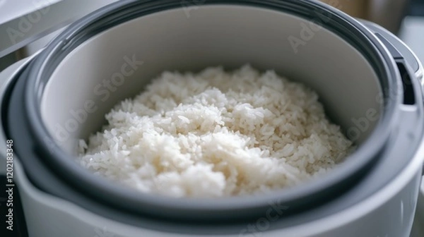 Fototapeta Modern rice cooker with freshly cooked rice. Emphasizing convenience and modern cooking technology. Ideal for appliance advertisements and cooking blogs.
