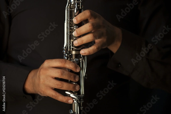 Obraz Hands of a clarinet player in black
