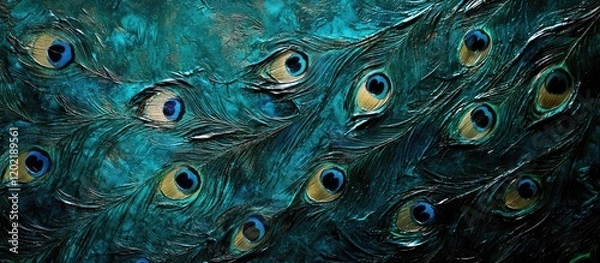 Fototapeta Colorful peacock feathers with prominent eye markings against a textured background Copy Space