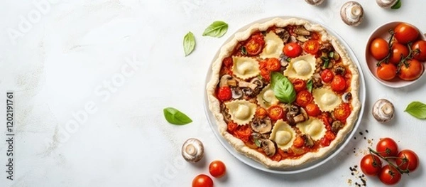 Fototapeta Freshly baked vegetable pizza with cherry tomatoes, mushrooms, and basil leaves on a marble countertop Copy Space
