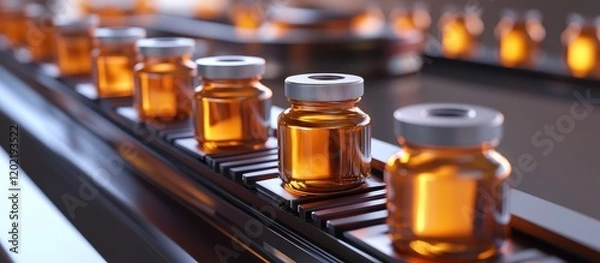Obraz Glass vials with amber liquid on a conveyor belt in a pharmaceutical production facility with Copy Space