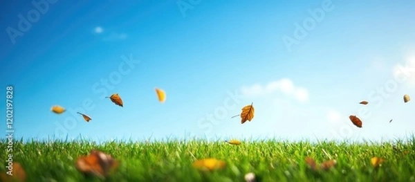 Fototapeta Autumn leaves falling over a grassy field under a clear blue sky with copy space for text