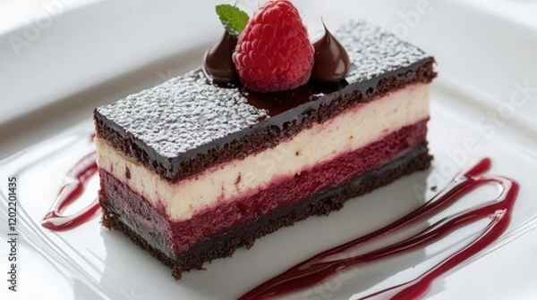 Fototapeta Chocolate and raspberry layered dessert on a white plate with chocolate drizzle and mint garnish Copy Space