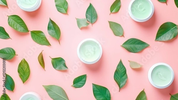 Fototapeta Green skincare cream in white jars surrounded by fresh green leaves on a pink background with Copy Space
