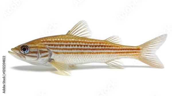 Fototapeta Striped freshwater fish with elongated body and prominent fins isolated on white background with ample Copy Space.