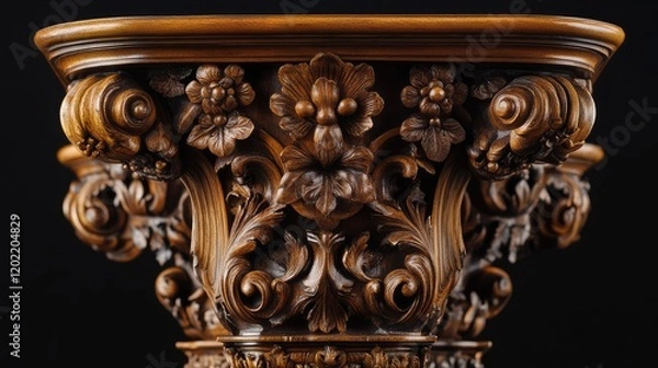Fototapeta Intricately carved wooden column capital with floral and scroll details on a dark background Copy Space
