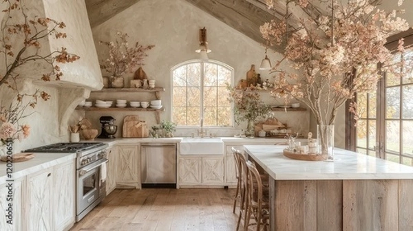 Fototapeta Minimalist modern interior design concepts, Cozy kitchen featuring rustic decor, large windows, and floral arrangements for a warm, inviting atmosphere.