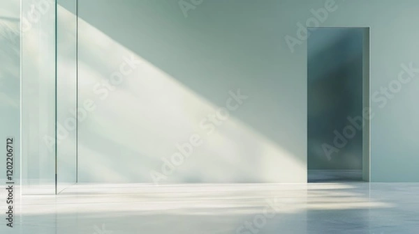 Fototapeta Minimalist interior space with light green walls and natural sunlight casting shadows, featuring an open doorway and ample Copy Space.