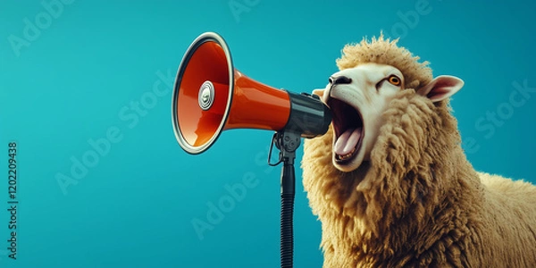 Fototapeta Sheep roaring on a megaphone. Advertisement concept with wide copy space for text.
