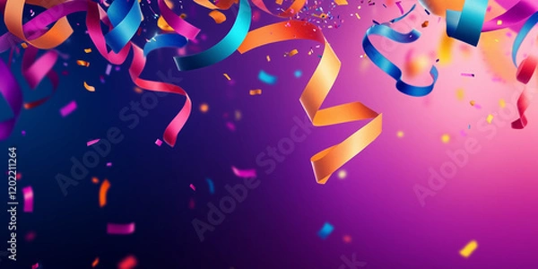 Fototapeta Festive border, Party curly paper ribbons. Colorful explosion confetti. Multicolored party decorations. Concept for party.