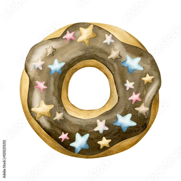 Fototapeta Donut . Chocolate glaze doughnut with coloful star sprinkles. Watercolor hand painted sweet food dessert illustration