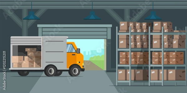Obraz Warehouse indoor flat vector illustration. Factory storehouse background. Distribution, logistics, shipment concepts.