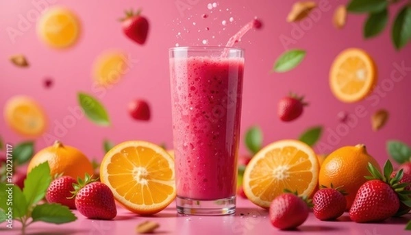 Obraz A fresh strawberry fruit cocktail blends sweet red berries with citrus for a cold, healthy beverage