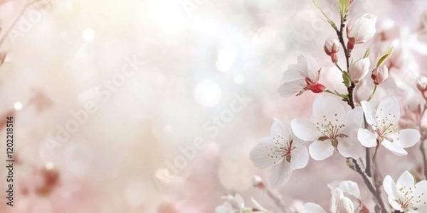 Obraz Soft pink cherry blossoms adorn branches in a tranquil garden, signaling the arrival of spring with their beauty and grace under gentle sunlight