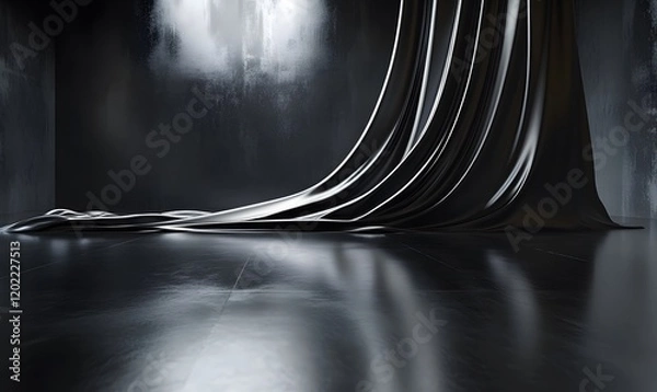 Obraz Abstract black fabric flowing with a sleek reflective floor and textured dark background