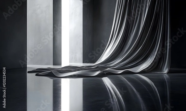 Obraz Dramatic grey fabric drapes and light reflecting on the polished floor in modern room