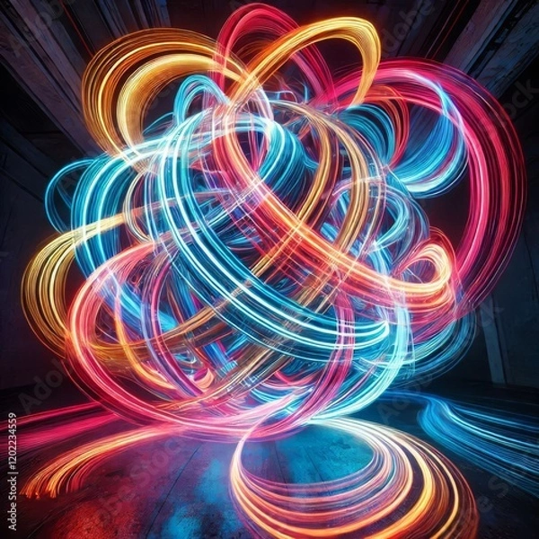 Fototapeta Bright neon light trails captured in long exposure, creating abstract swirling patterns of vivid colors against a dark background.