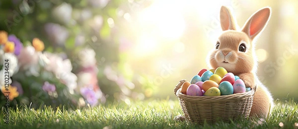 Obraz Cute Easter bunny with basket full of colorful eggs in sunny garden. joyful atmosphere and vibrant colors create delightful spring scene