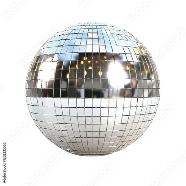 Fototapeta A sparkling silver disco mirror ball, isolated on a white background, reflecting light in a dazzling