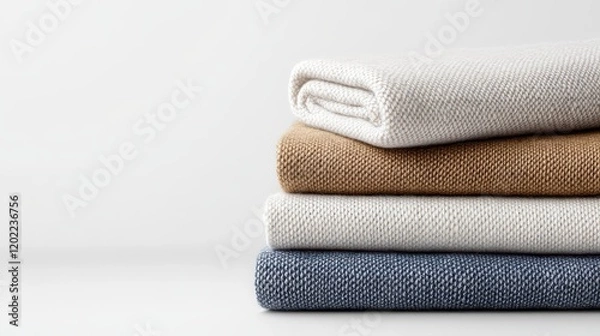 Obraz fabric textures stacked neatly showcasing three folded blankets offering luxurious warmth and comfort perfect for interior design and cozy home decor photography