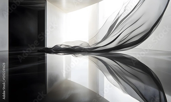 Obraz Abstract flowing black fabric against stark white background creating contrast and reflection