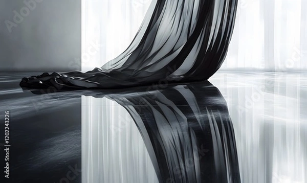 Obraz Abstract black fabric draped over a reflective surface with soft light from a window
