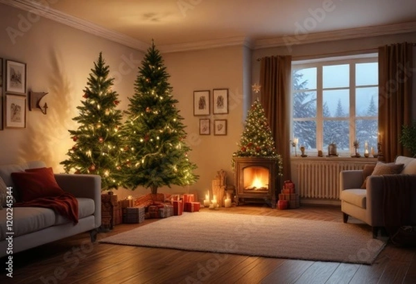 Fototapeta A warm and cozy living room with a Christmas tree and soft candlelight, inviting ambiance, Christmas tree, warm colors