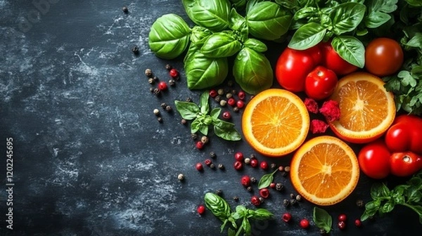 Fototapeta Healthy Food Background with Fresh Tomatoes, Oranges, and Basil