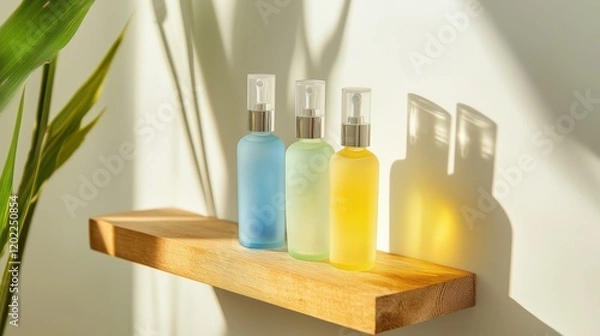Fototapeta Elegant display of colorful spray bottles on wooden shelf in a bright indoor setting