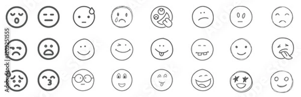 Fototapeta A set of 24 monochrome circular emoji icons displaying various facial expressions and emotions. Simple line-style illustrations include happy, sad, angry, surprised, love.