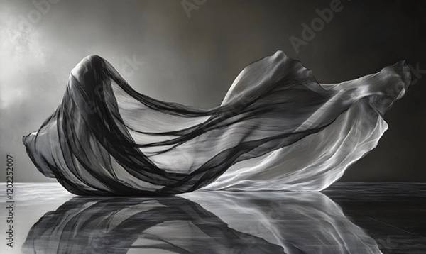 Obraz Flowing Fabric in Black and White with Reflections on a Dark Surface, Dynamic Movement