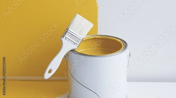 Obraz White Paint Can with Yellow Paint and Brush