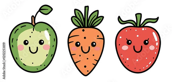 Fototapeta Cute Kawaii Styled Apple, Carrot, and Strawberry Cartoon Illustrations