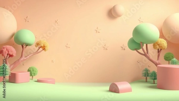 Fototapeta Pastel Dreamland 3D Render of a Whimsical Landscape with Product Display Platforms