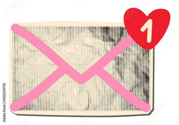 Fototapeta Love letter envelope halftone collage element. Clip art, cut out romantic email with new message notification. Crumpled paper texture and doodles. Modern retro mixed media vector illustration