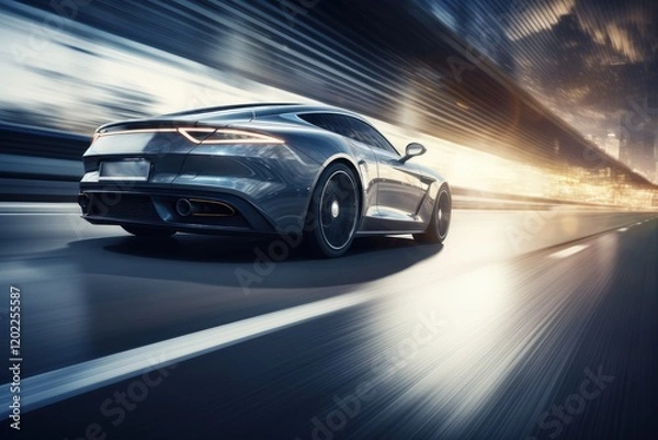 Fototapeta Accelerating Grey Car on Speed Road with Blurred Bokeh Background