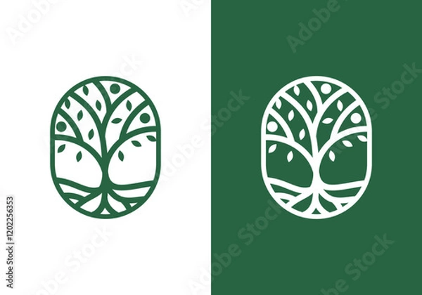 Fototapeta nature logo vector design template line art tree and human or person inside circle, abstract tree logo symbol inside circle