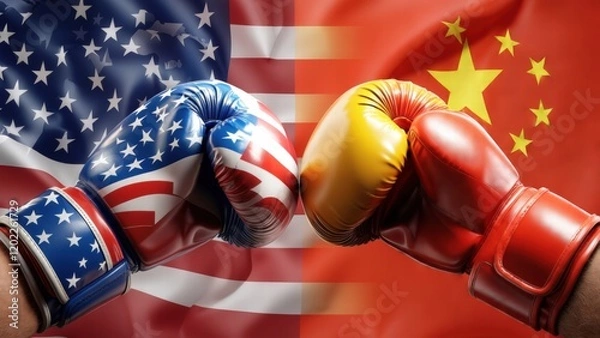 Fototapeta USA vs China: Symbolic Boxing Gloves Representing Global Competition and Geopolitical Rivalry