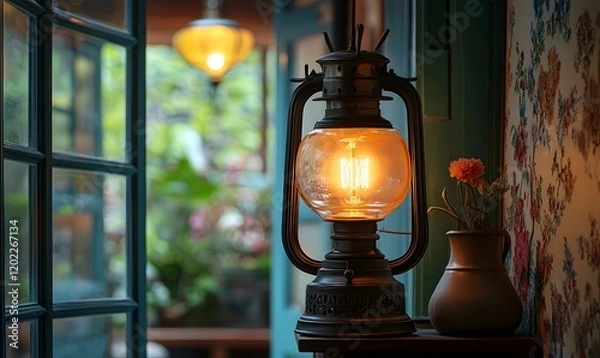 Obraz Illuminated Vintage Lantern and Flower Pot Displayed Near Window with Second Light Fixture
