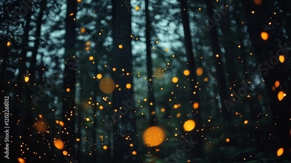 Fototapeta Grainy black background with glowing firefly particles scattered across the night sky, low angle shot with subtle orange glow, captured from ground level.