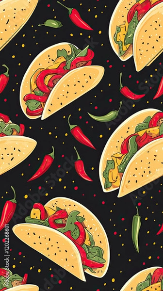 Fototapeta Taco and chili pepper pattern with vibrant colors on black background