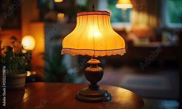 Obraz Vintage Table Lamp with Warm Glow on Wooden Table in Cozy Room at Night