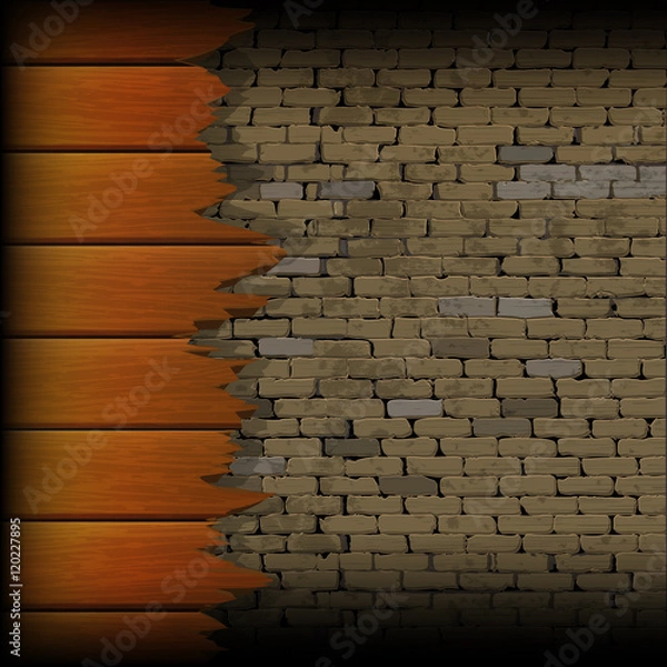 Fototapeta broken wooden planks in the background of a brick wall