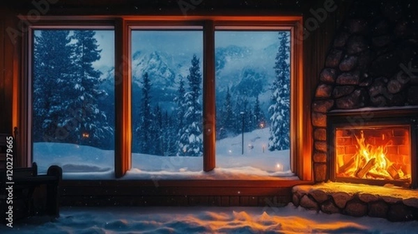 Fototapeta Cozy Cabin View: Warm Fireplace and Snowy Mountain Scene Through Window Frame