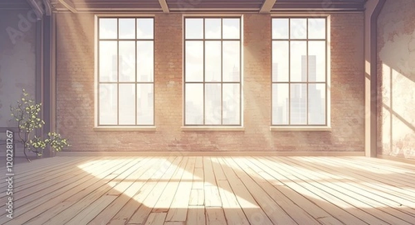 Fototapeta Bright, empty room with light wood floors and white brick walls, large windows offering city skyline views, ideal for showcasing flooring options.